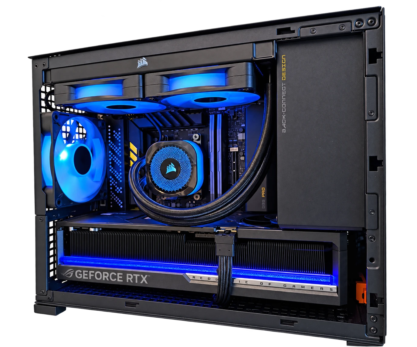 Jonsbo D32 Pro small-form-factor build with an ASUS ROG Astral RTX 5090 and a blue-lit Corsair 240mm AIO