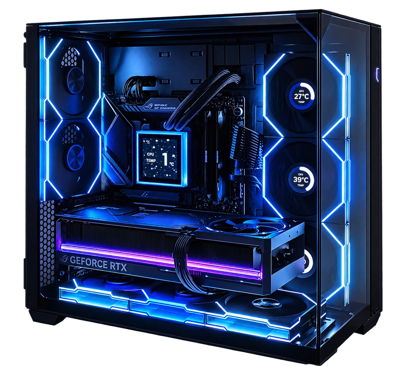 Lian Li O11 Vision Compact with an ASUS ROG Astral RTX 5080, blue-lit UNI FAN fans and a HydroShift AIO